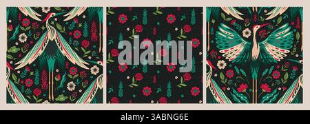 Forest Seamless Vintage Pattern Set Elegante Krane Vogel Blumen Üppiges Blumenlaub Im Boho Folk Nouveau Motiv Art Style Stock Vektor