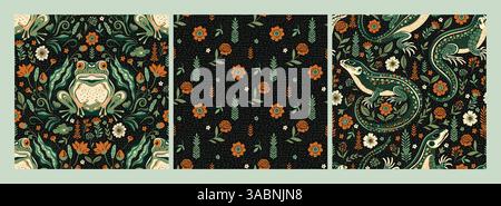 Nahtloses Vintage-Muster-Set Wald Folk Kunst Echse und Nouveau Frosch Tier ethnische Blumenmotiv und Retro Wald Textur Boho dunkler Hintergrund Stock Vektor