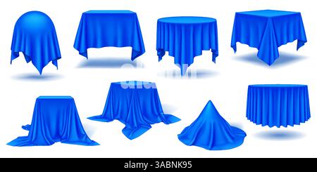 Luxuriöser blauer Seidentisch mit geometrischen Formen, realistischen Farbsymbolen. Atmosphäre der Vorfreude 3D-Objekte bündeln sich auf weißem Hintergrund Stock Vektor