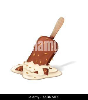 Illustration eines schmelzenden Eisriegels mit Schokolade und Nüssen auf dem Stock. Vanilleeis wird teilweise geschmolzen, wodurch eine Pfütze mit Schokoladenstückchen entsteht Stock Vektor