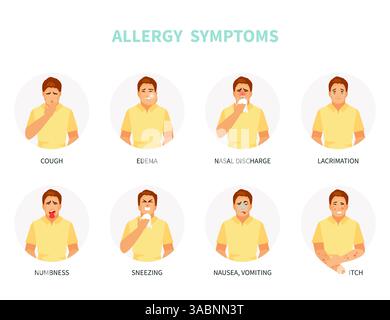 Kranker männlicher Charakter mit typischen Allergiesymptomen. Vektorabbildung Stock Vektor