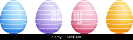 Gestreifte 3D-Ostereier-Kollektion - pastellblaue, lila, rosa, gelbe, realistische Eier mit weißen horizontalen Streifen. Stock Vektor