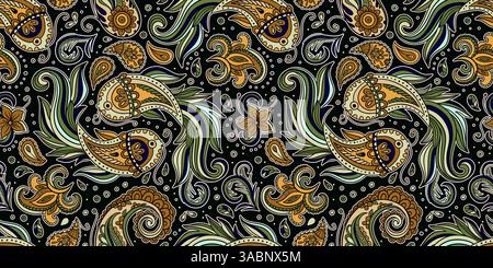 Elegantes, nahtloses Paisley-Muster mit Koi-Fischmotiv und Blumenschmuck im dekorativen indischen Boho-Stil Stock Vektor