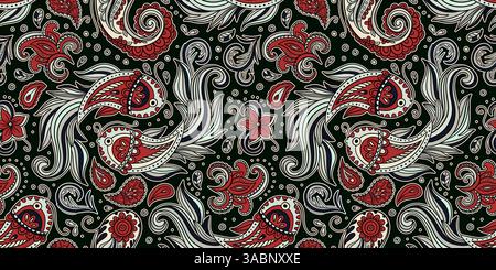 Elegantes, nahtloses Paisley-Muster mit Koi-Fischmotiv und Blumenschmuck im dekorativen indischen Boho-Stil Stock Vektor