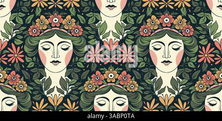 Nahtloser Vektor Blumen Vintage Muster mit Frauengesicht mit Einer Blumenkrone ethnischen Motiv Boho Stil Folk Art Nouveau Hintergrund Stock Vektor