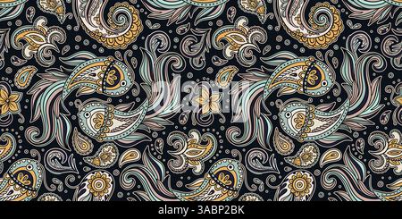Elegantes, nahtloses Paisley-Muster mit Koi-Fischmotiv und Blumenschmuck im dekorativen indischen Boho-Stil Stock Vektor