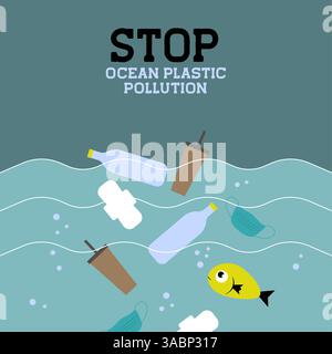 Müll schwimmt im Ozean mit Text Stop Ocean Plastic Pollution. Gefahrenkonzept für Meereslebewesen. Verschmutztes Meerwasser mit traurigen Fischen Stock Vektor