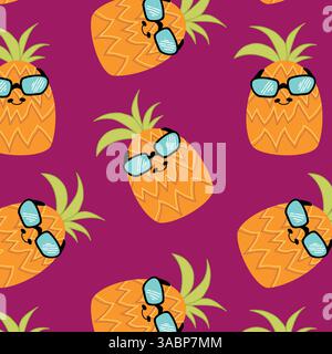 Ananas mit nahtlosem Sonnenbrillen-Muster. Vektor-Hintergrund mit Sommerferien. Niedliche Textur mit Früchten Zeichentrickillustration. Design für Hintergründe Stock Vektor