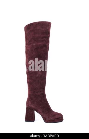 Stylische Damen-Stiefel aus Wildleder mit roten Absätzen und quadratischen Zehen auf weißem Hintergrund. Winterschuhe aus Leder für Damen mit eleganten Absätzen und Schnallen. Stockfoto