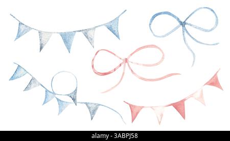 Set mit Bunting Party Fahnen und Schleifen. Handgezeichnete Aquarellillustration von blau und rosa Geburtstagsdekoration im Vintage-Stil isoliert auf einem weiß Stockfoto