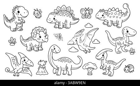 Set aus niedlichen Dinosauriern und prähistorischen Elementen zum Ausmalen von Büchern, Basteln und Aktivitäten für Kinder Stock Vektor
