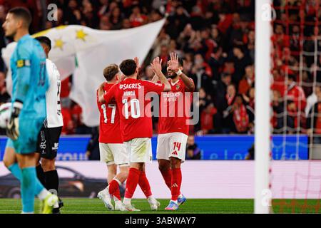 Spieler von Benfica, die beim Spiel der Liga Portugal zwischen den Teams SL Benfica und SC Farense (Maciej Rogowski) nach dem Tor feierten Stockfoto