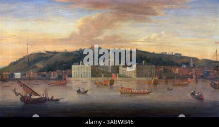 Ein Blick auf Greenwich von der Themse aus mit vielen Booten, Öl auf Leinwand Gemälde des niederländischen Künstlers Jan Griffier aus dem 17. Jahrhundert, Kunstwerk Bild Stockfoto