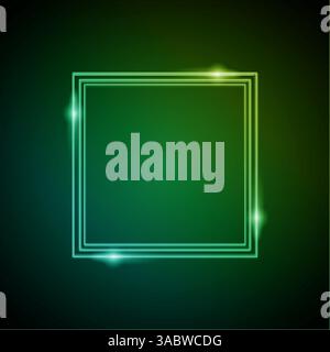 Neonrahmen mit Glimmern und Sparkles. Elektronischer leuchtender quadratischer Rahmen in grünen Farben, für Unterhaltungsbotschaften auf dunklem Hintergrund Stock Vektor