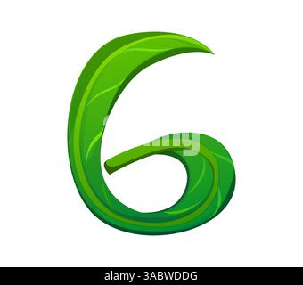 Frisches grünes Blatt, Ziffer 6 sechs. Umwelt grünes Blatt Schriftart Nummer, Natur Pflanze Cartoon isolierte Vektor Mathe Schriftart Figur. Zeichen der Buchstaben des Baums oder Zeichen des Typs ABC für Kinder Stock Vektor