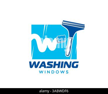 Das Symbol des Fensterreinigungsservice mit einem blauen quadratischen Glas und einem Wischer, der Streifen wegwischt, bildet einen stilisierten Buchstaben mit Seifenlauge, betont Waschgang, Sauberkeit und Professionalität bei der Arbeit Stock Vektor