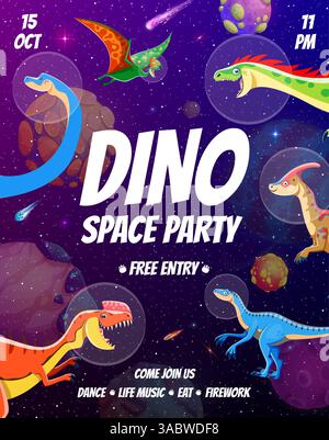 Dino Space Party Flyer mit Dinosaurier-Astronauten im Weltraum oder in der Galaxie, Vektorplakat. Kinderparty-Einladungsflyer mit lustigen Dinosauriern und Echsenfiguren in Raumfahrthelm mit Weltraumplaneten Stock Vektor