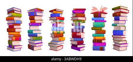 Hohe Bücherstapel und Schulbibliotheken, Lehrbuchstapel, Vektorbildung, Lesen und Lernen. Zeichentrickstapel und Büchertürme, Schülerlehrbücher und Wörterbücher mit farbigen Papierumschlägen und Lesezeichen Stock Vektor