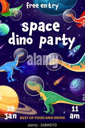 Space Dino Party Flyer mit lustigen Cartoon Dinosaurier Astronauten Charaktere im Weltraum, Vektorplakat. Kinder Party Einladungsflyer mit Dinosauriern und Eidechsen in Raumfahrerhelm zwischen Galaxienplaneten Stock Vektor