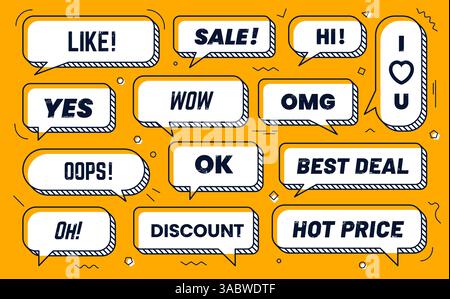 Memphis Sprachblasen und Nachrichtenwolken mit Ausdrücken, dünnen Vektorsymbolen. Chat-Nachrichten-Bubble-Frames im Memphis-Stil zum Verkauf oder OK und Oops, I love you, Rabatt und heißes Preisangebot Stock Vektor