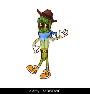Cartoon Spargel grooviger Cowboy, Sheriff und Banditen Gemüsefigur. Isolierte Vektor gesunde Lebensmittel Persönlichkeit in Westerhut und Schal. Tapferer Vitamin-Gemüse-Verteidiger, bereit für den Wilden Westen Stock Vektor