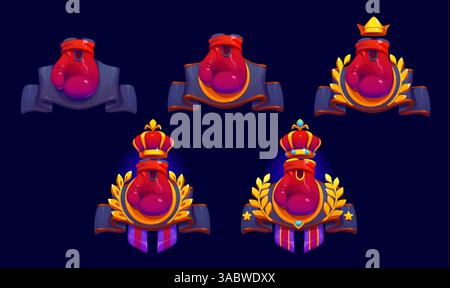 Rangabzeichen für das Boxsport-Spiel, Embleme für Level-Medaillen mit roten Boxhandschuhen, die mit Kronen, Lorbeerkränzen und Bannern verziert sind. Cartoon-Vektorsymbole repräsentieren Meisterschaften, Siege und Turnierranglisten Stock Vektor