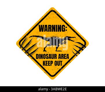 Warnschild für die Dinosaurierzone mit Kratzspuren in der Klaue, gelbes Vektor-Banner. Grunge-Metallschild mit Dinosaurier oder Jurassic-Echse für Gefahrenbereiche oder Dinosaurierbereich Stock Vektor