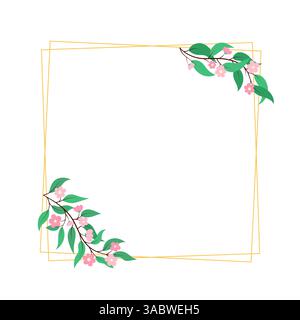 Eleganter quadratischer Blumenrahmen mit goldenen geometrischen Linien und rosa Blumen isoliert auf weißem Hintergrund. Dekoratives Blütendesign für Einladungen Stock Vektor
