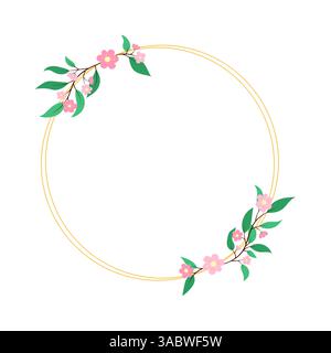Runder Blumenrahmen mit eleganten goldenen geometrischen Linien und rosa Blumen isoliert auf weißem Hintergrund. Dekoratives Blütendesign für Einladungen Stock Vektor