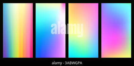 Set aus Regenbogenombre-Farbverlaufsmuster mit pastellfarbener Textur. Sanfte Hologrammunschärfe und Neonaura in modernen digitalen Hintergrundbildern. Surreal lebendiges Design mit Stock Vektor
