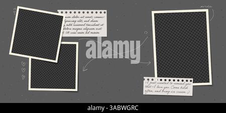 Rahmen-Fotocollage mit Pfeil- und Herzelementen. Vintage-Vektorschablone mit Zementwand Hintergrund und Papier Notizlayout. Stock Vektor