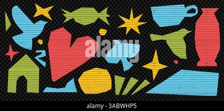 Bunte, gerissene Papiercollage mit kindlichen Ausschnittelementen und naiver Textur. Vektorkunst mit Vögeln, Keramikbecher, Vase und zerrissenen Herzformen Stock Vektor