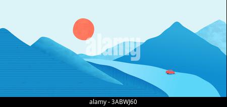 Minimale Landschaftscollage mit Straße, Berg und Sonne. Abstrakt strukturierter Hintergrund in japanischer Retro-Ästhetik. Flaches Vektordesign mit zerrissenem Papier Stock Vektor