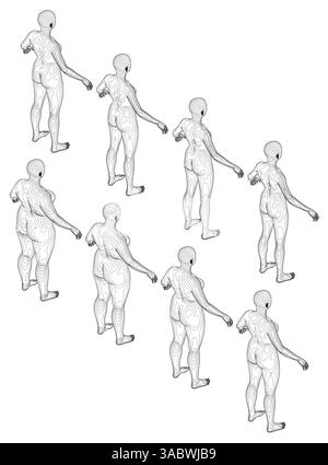 Eine Serie von Schwarzweiß-Zeichnungen von Frauen in gleichen Posen. Die Zeichnungen sind alle von derselben Person, aber an unterschiedlichen Positionen. Von schlank bis fett Stock Vektor