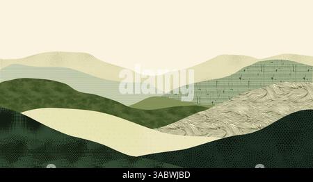Feldcollage von landwirtschaftlichen und landwirtschaftlichen Texturen mit Weinberg- und Naturhintergrund. Vintage Aquarellillustration mit Weizen, Reis und Trauben Stock Vektor