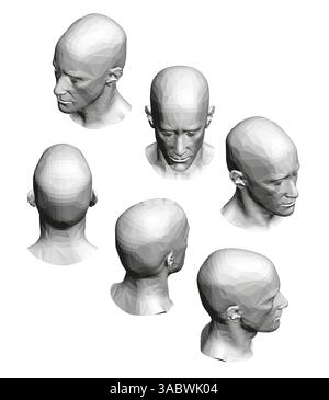 Eine Reihe verschiedener Kopfaufnahmen eines Mannes. Die Kopfschüsse sind alle in verschiedenen Positionen und Winkeln, aber sie haben alle die gleiche Grundform und Featur Stock Vektor