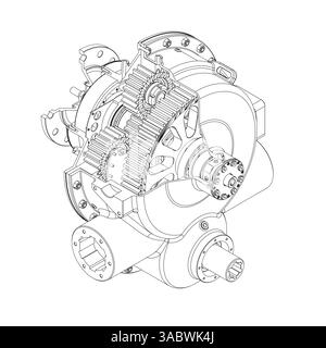 Eine mechanische Zeichnung eines Getriebes mit vielen Details. Die Zahnräder sind in verschiedenen Größen und Positionen dargestellt, und die Gesamtkonstruktion ist sehr kompliziert Stock Vektor