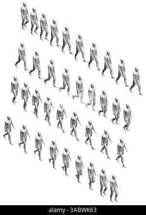 Eine Gruppe von Menschen läuft in einer Schlange. Die Leute sind alle gleich groß und laufen in einer geraden Linie. Isometrische Ansicht Stock Vektor