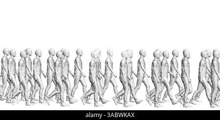 Eine Gruppe von Leuten, die in einer Schlange laufen. Die Leute sind alle schwarz-weiß gekleidet. Das Bild hat ein Gefühl von Bewegung und Bewegung, als ob es die Menschen sind Stock Vektor