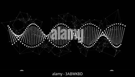 Abstrakte digitale DNA-Helix mit Verbindungsknoten und -Linien auf schwarzem Hintergrund Stockfoto