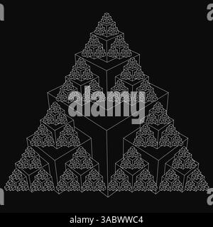 Ein Schwarzweißbild einer Pyramide aus Würfeln. Die Pyramide ist sehr hoch und hat viele übereinander gestapelte Würfel. Das Bild hat ein sehr abs Stock Vektor