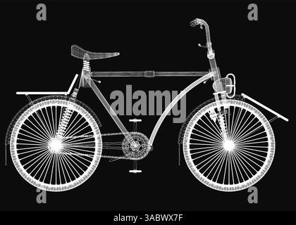 Ein Fahrrad wird in Schwarz-weiß dargestellt. Das Motorrad ist alt und hat einen Vintage-Look. Das Foto ist in Schwarzweiß gehalten, was ihm einen Klassiker und t verleiht Stock Vektor