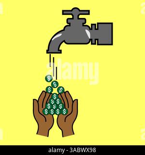 Dollar Münzen Geld fließt vom Wasserhahn zu offenen Händen in einer einfachen Illustration mit gelbem Hintergrund Stock Vektor