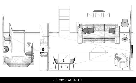 Eine Zeichnung eines Wohnzimmers mit einer Couch und einem Stuhl. Die Couch befindet sich auf der linken Seite des Zimmers und der Stuhl auf der rechten Seite Stock Vektor