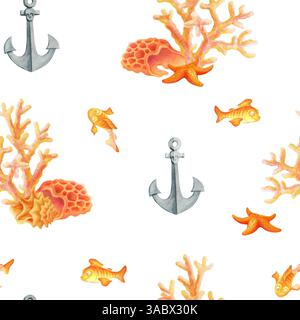 Nahtloses Aquarellmuster mit Unterwasserwelt, Fischen, Ankern, Muscheln, Seesternen und Korallen auf weißem Hintergrund. Einfaches Design im maritimen Stil Stockfoto