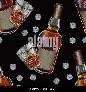 Nahtloses Aquarellmuster mit einer Whiskyflasche, einem Glas mit einem Getränk und Eiswürfeln auf weißem Hintergrund. Perfekt für Verpackungen, Textilien, an Stockfoto