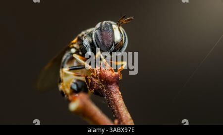 Nahaufnahme einer hoverfly, die auf einem Zweig liegt und ihre komplizierten Details und zusammengesetzten Augen vor einem weichen, verschwommenen Hintergrund zeigt, um die Schönheit festzuhalten Stockfoto