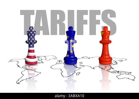 Schach aus USA, EU und China-Flaggen auf einer Weltkarte. China, Europa Union und Vereinigte Staaten von Amerika Handel, Zölle und Zölle Krieg Stockfoto
