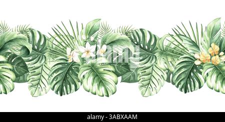 Tropische Blätter und weiße Orchideenblüten isolierte Illustration. Nahtloser botanischer Rand für Regenwald-Design. Handgezeichnete Monstera Stockfoto