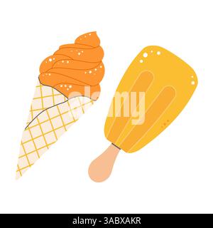 Y2K-StickersammelOrange Eiskegel und Eis-Illustration. Sommerspezialitäten, hell und fröhlich. Ideal für Speisen, Menüs oder saisonale Gerichte Stock Vektor
